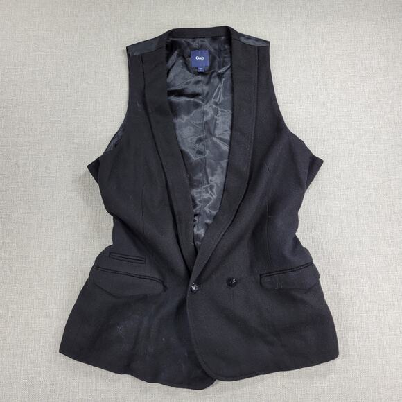 Gap Womens Vest Large Black Wool Blend Plunging Neck Waist Tie Double Breasted - Picture 1 of 13